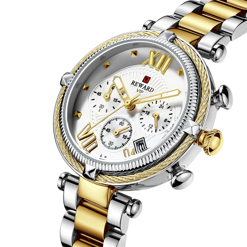 

Reward Factory Wholesale chronograph movt stainless steel band lady quartz watch Private Label Fashion women wrist watch clock