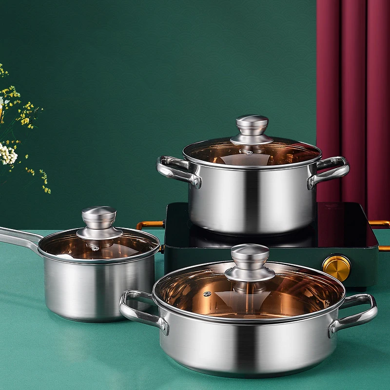 

Kitchen camping tools stainless steel pot and pan cookware set wholesale, Silver