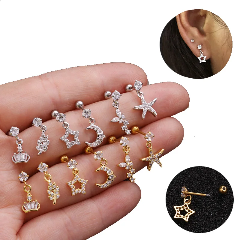 

Delicate Stainless Steel Stud Earring Crown Cartilage Huggie Earrings Ear Bone Clip Cubic Zircon Women Body Piercing Jewelry