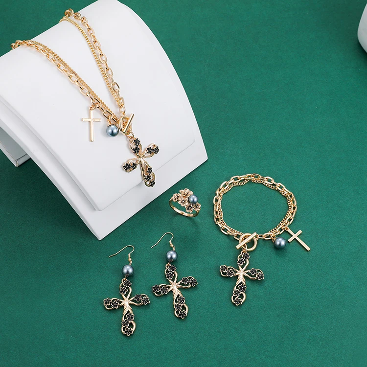 

Hip Hop Classic Cross Ankh Cross Pendant Necklace Earrings Tennis Chain Ladies Rose Gold Cross Jewelry Wholesale