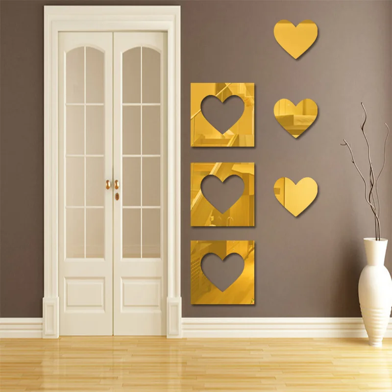 

6pcs 3D Home Background Decoration Heart Shape Acrylic Wall Mirror Sticker for Sale, Gold, silver, black