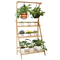 

Bamboo Hanging Plant Shelf Foldable 3 Tier Ladder Stand Display Rack for Garden Flower Baskets