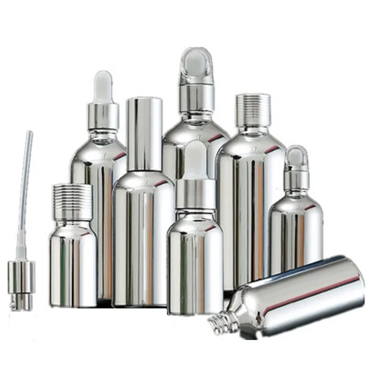 Silver Glass Essential Oil Dropper Vial 5ML 10ML 20ML 30ML 50ML 100ML Cosmetic Packaging Serum Lotion Pump Spray Atomizer Bottle