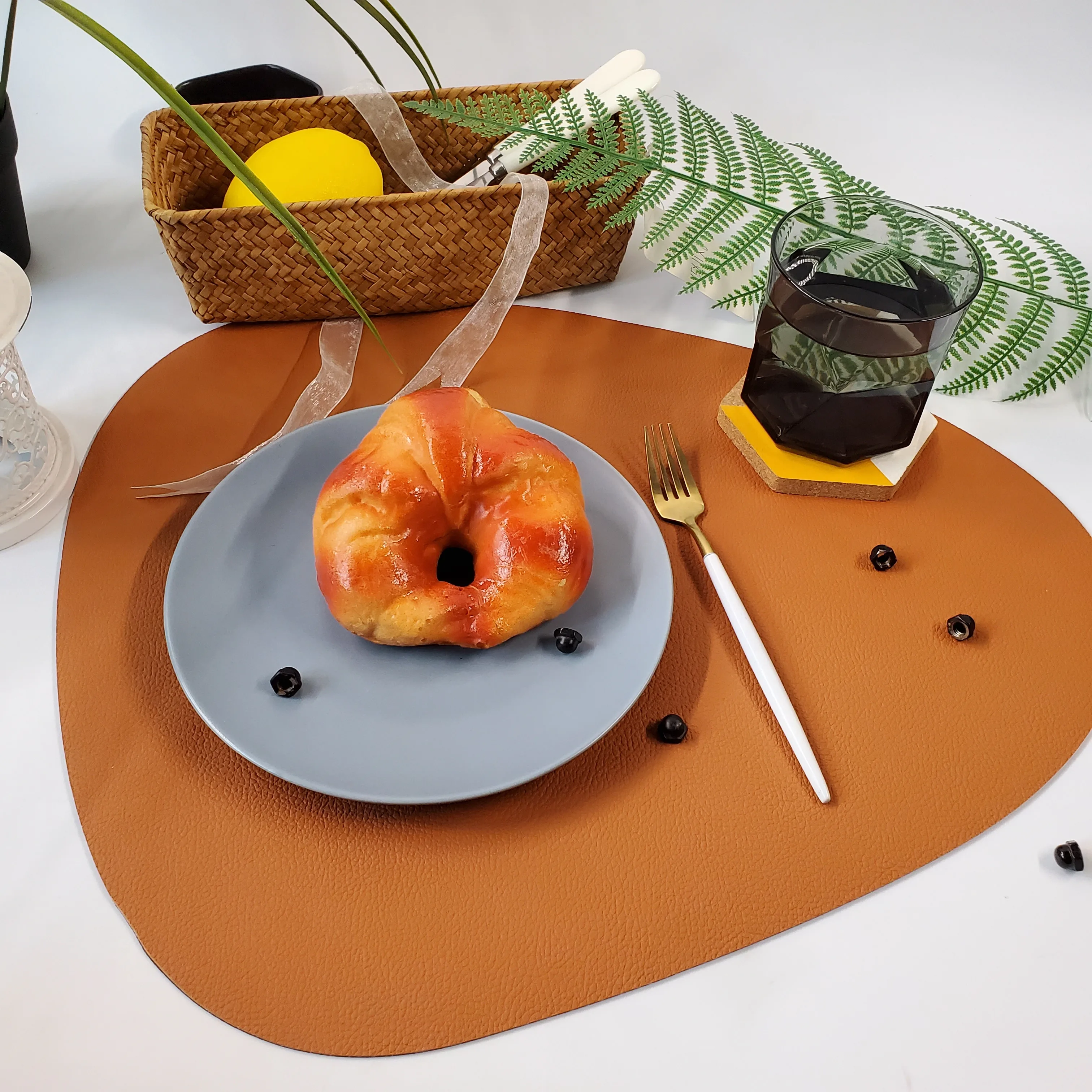 

Tabletex PVC Leather Placemat Supplier Heat Insulation Place Faux Leather Table Mats Set of 6 Non-Slip Waterproof, Blue+grey,pink+dark white + brown black+brownness