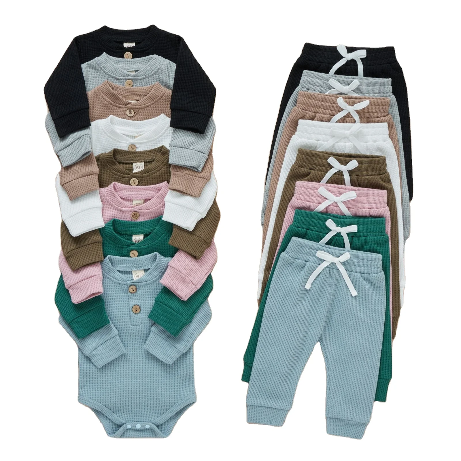 

Boys and girls baby spring and autumn basic suits cotton waffle collar rompers and trousers children's clothing two-piece set