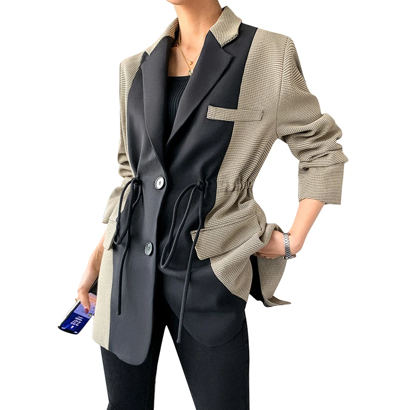 

TWOTWINSTYLE Lapel Long Sleeve Patchwork Lattice Hit Color Blazers Women's Spring Jackets 2024