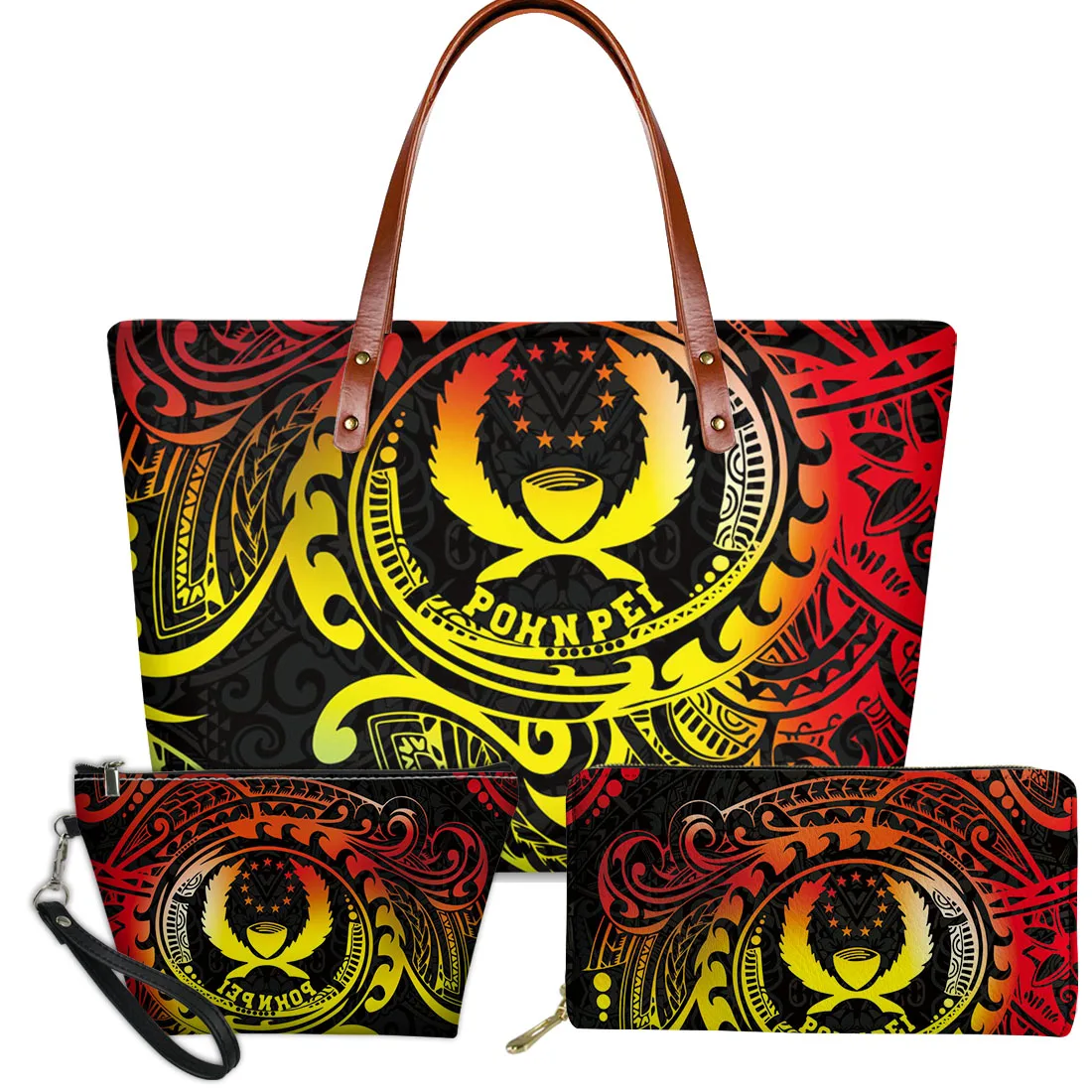 

Fashion Women 3pcs Handbag and Purse Set Casual Polynesian Pohnpei Tribal Tote Bag for Ladies Neoprene Top-handle Bags Custom