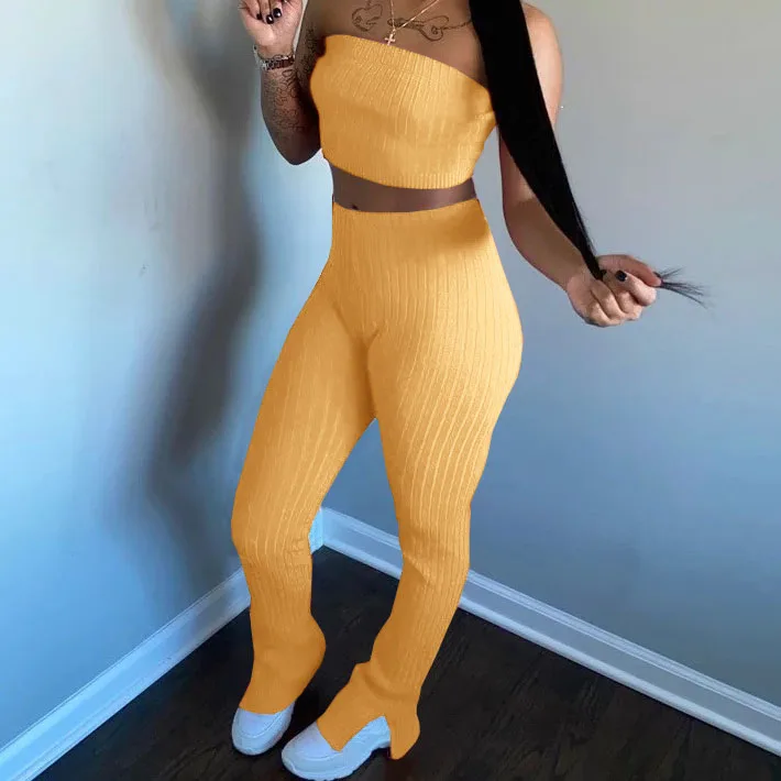 

X00346S 2020 trendy women two piece sets Multicolor pitted breasted slit pantsuit, White/yellow/red/black/blue