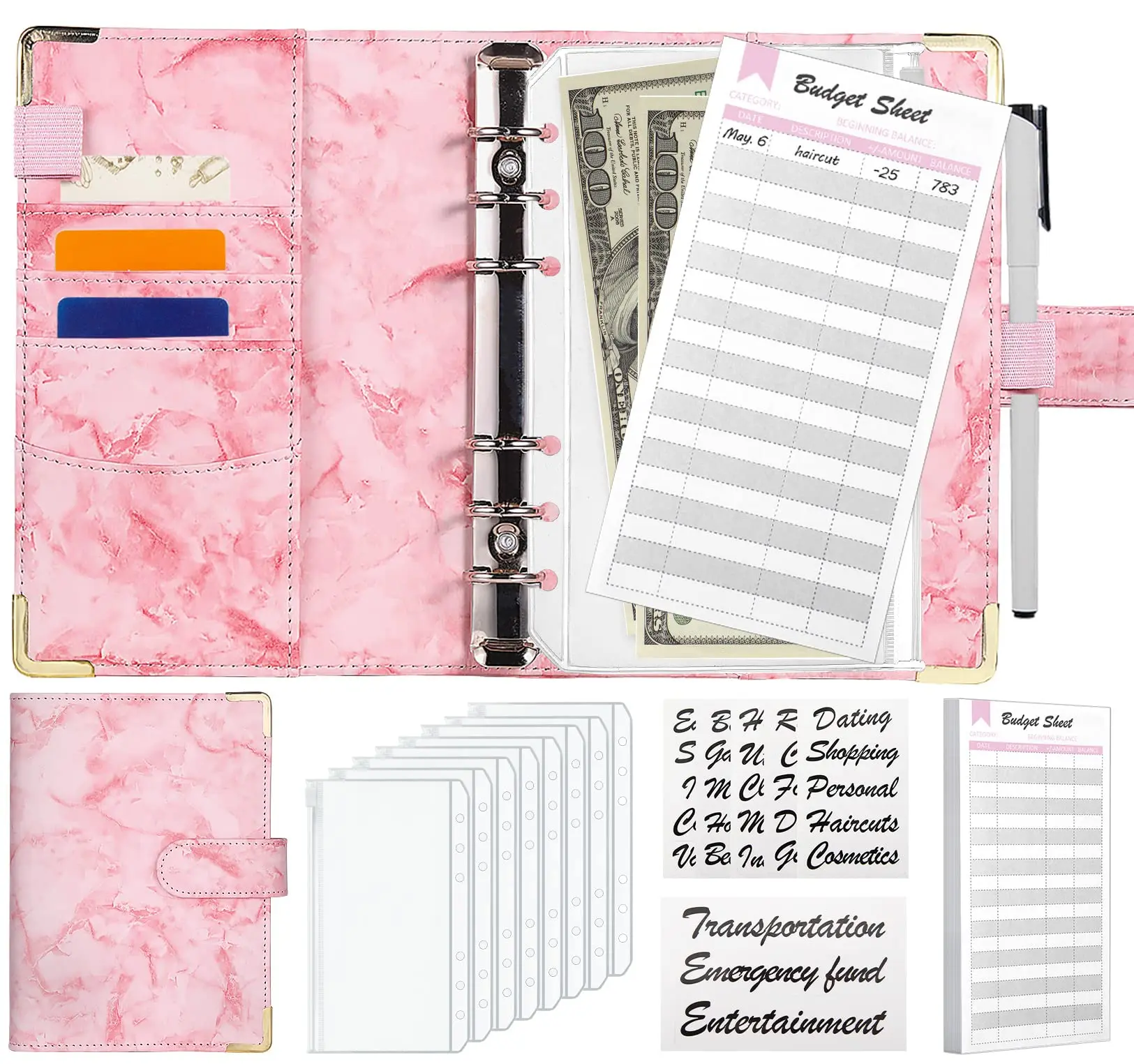 

Budget Binder A6 PU Leather Money Organizer for Cash Marble Money Saving Binder Cash Envelopes for Budgeting Budget