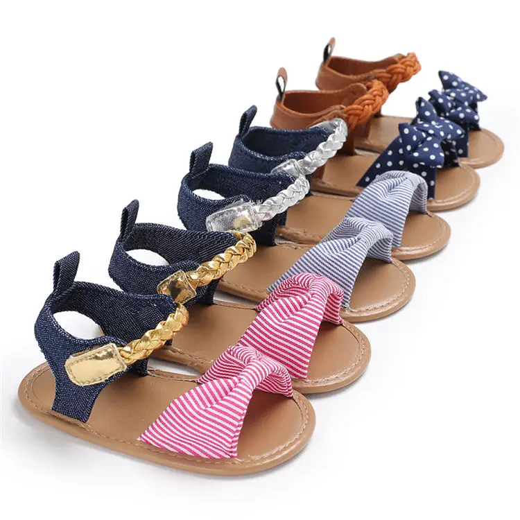 

Wholesale cute Striped bowknot soft-sole infant sandals girl baby sandals, Pink blue