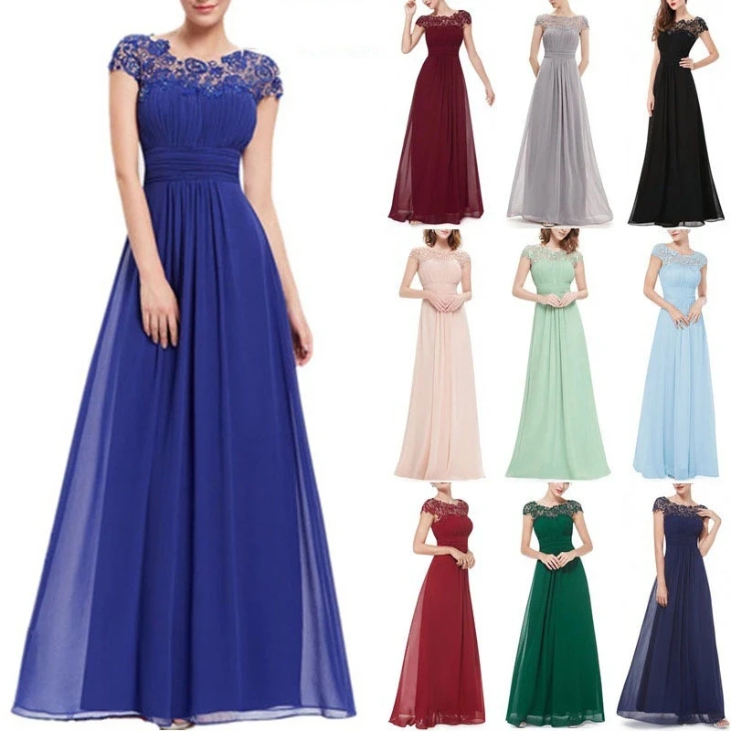 

Lace Neckline Ruched Floor-Length Ruched Bust Evening Womens Gown Bridesmaid Dresses