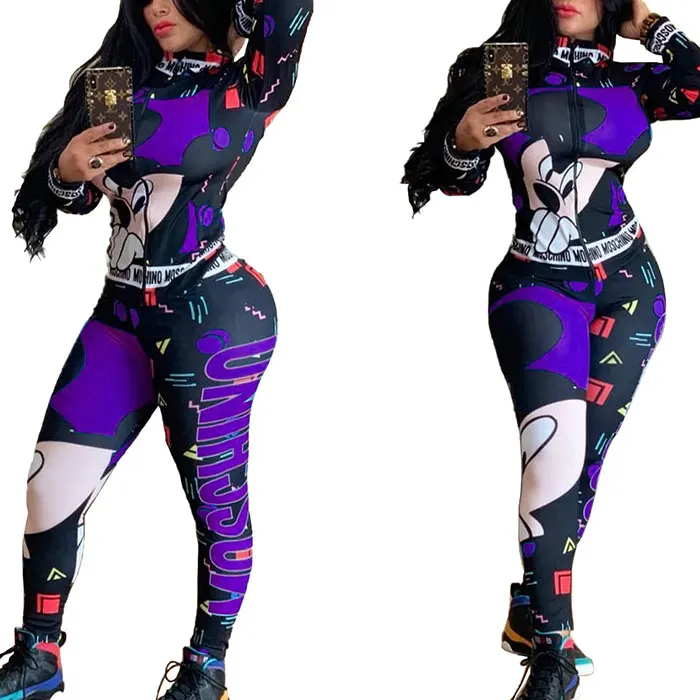 

Wholesales Casual Zip Cartoon Letter Printed Two Piece Set