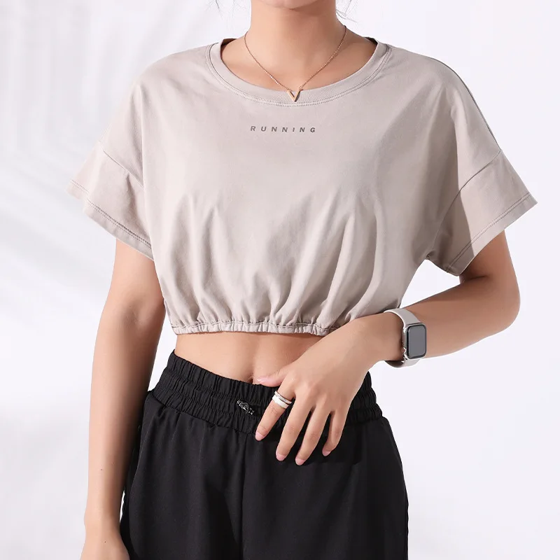 

Outdoor Casual Fitness Yoga Wear Apparel Spandex Collect Waist Workout Crop Top T Women Girl Gym Running Sports Shirt