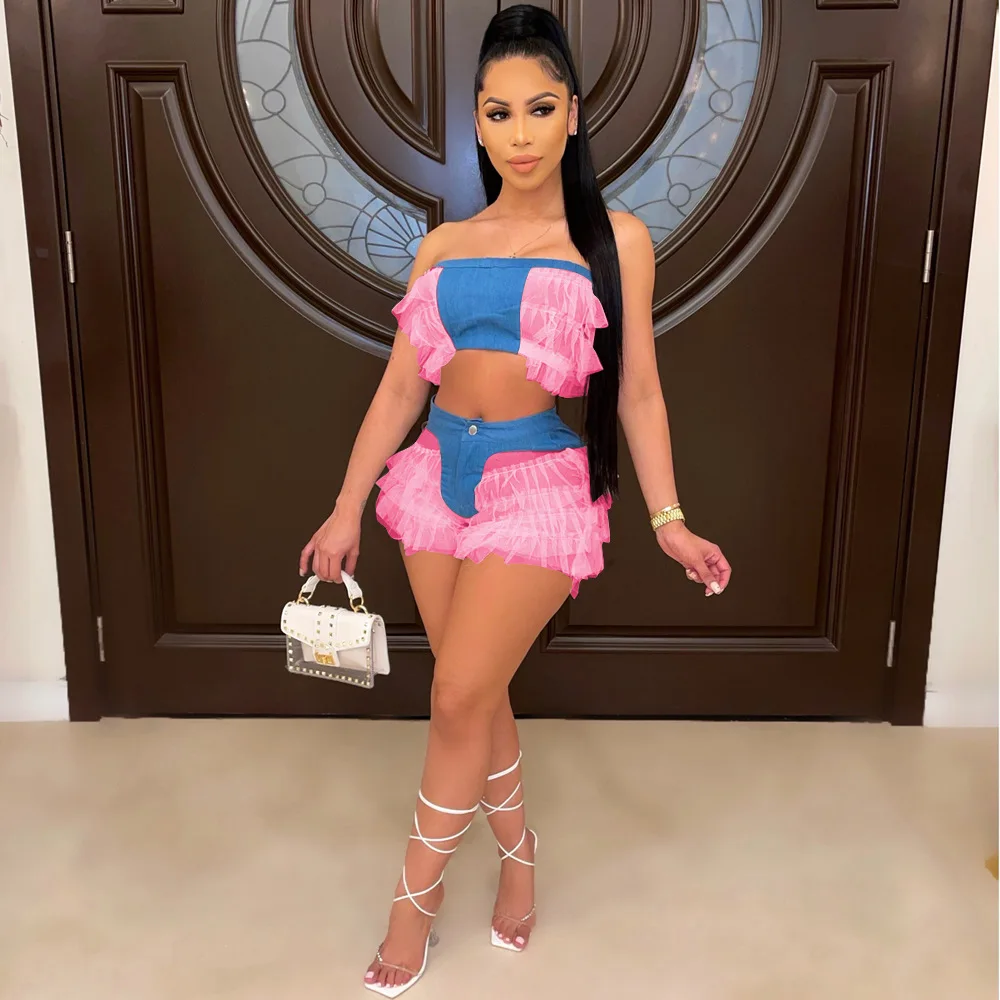 

H6408 - tube top and shorts fashion sexy mesh denim patchwork women short pants two piece set clohting