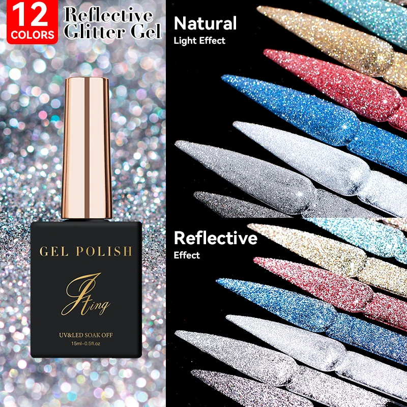 

JTING 12colors reflective neon sparkly disco gel nail uv glitter gel polish nail salon OEM custom vernis esmalte reflectante gel