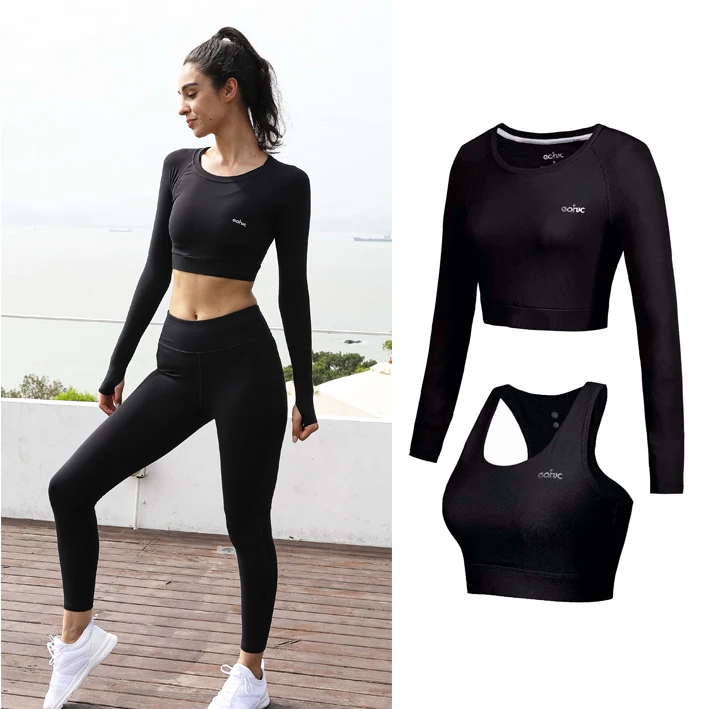 

athletic fitness women yoga set gym 2-piece bra workout suit sport bra yoga vest and long sleeve Cuff finger yoga shirts