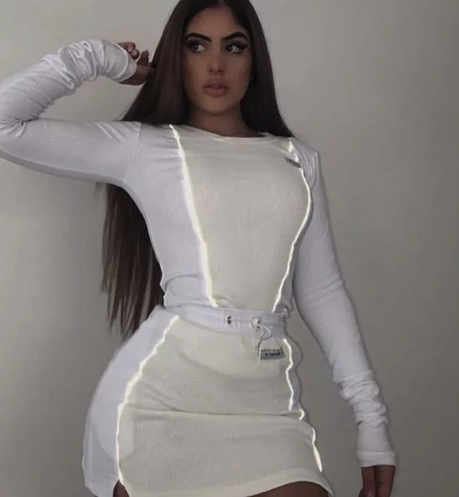 

2020 New Arrivals Women Reflective Long Sleeve top and Skirt casual sports women skirt two piece set
