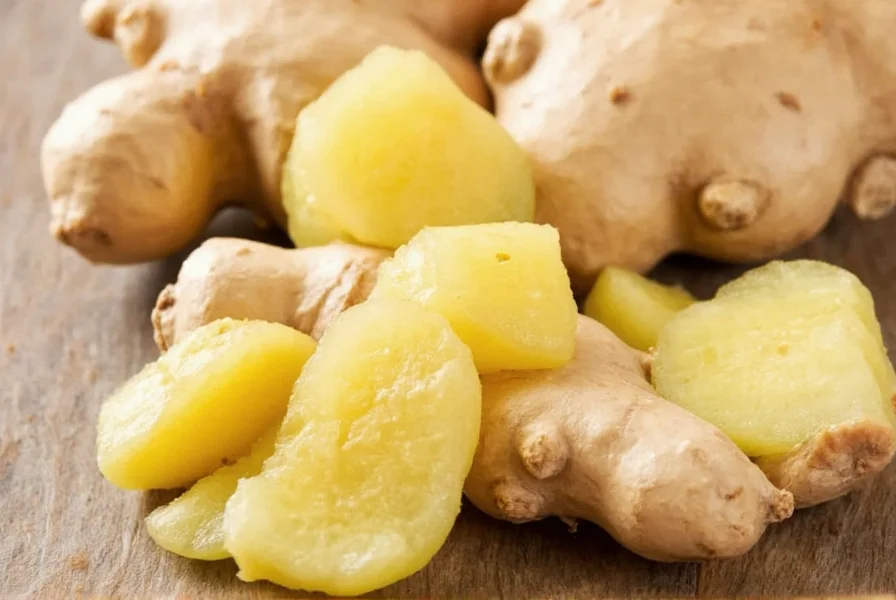 Close-up of fresh ginger rhizome with visible fibrous texture and light tan skin