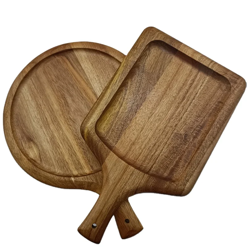 

Custom Rectangle Round Acacia Wood Serving 40cm Restaurants Wooden Pizza Plates with Handle, Natural