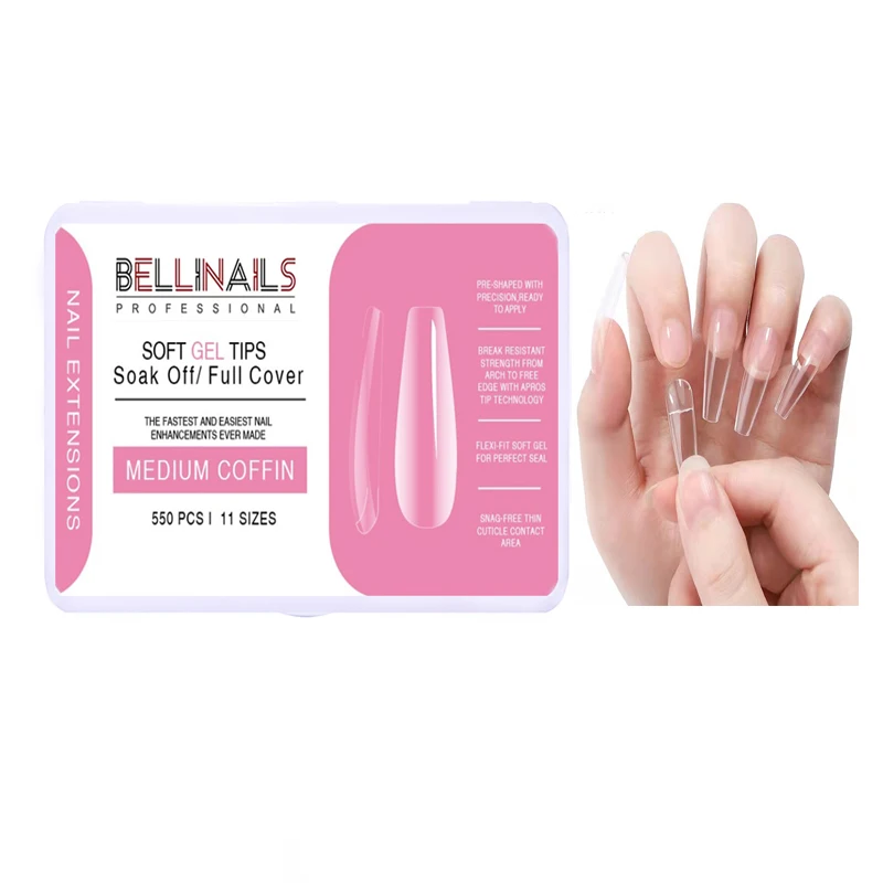 

Professional Bellinails Acrylic Artificial False full Cover soft gel Extension 600pcs Xxl Clear Tapered Coffin Nail Tips