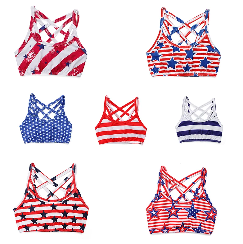 

Fashionable Design Kids Clothing Blue and Red Star Print Cotton Baby Girl Bralette for 4th of July, 7 colors as figure