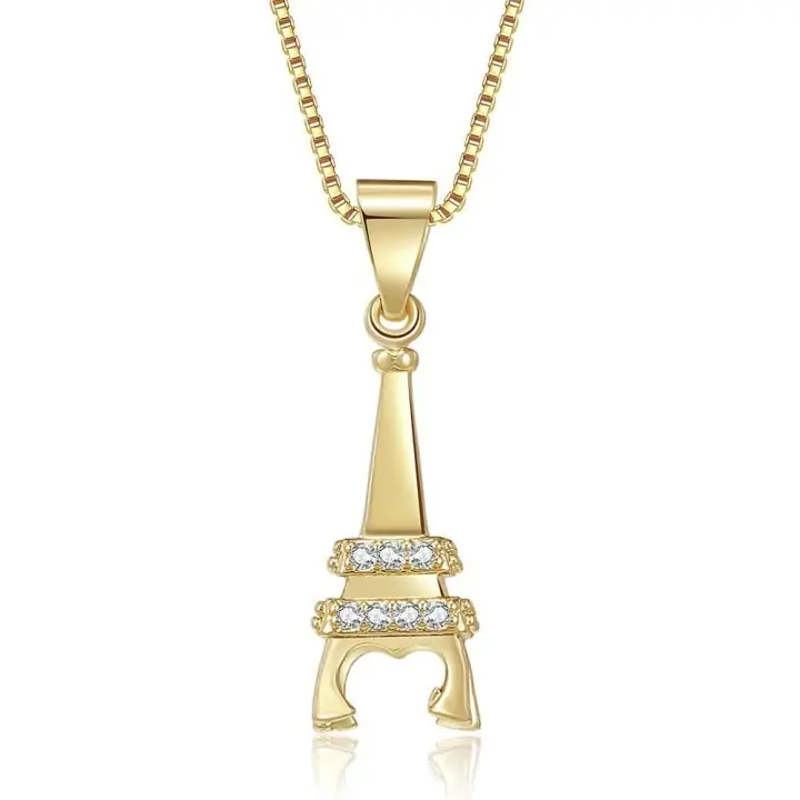 

Hip Hop Long Box Chain Women Unique Eiffel Tower Zircon Pendant 18K gold Plated Valentine gift Copper jewelry necklace For Men