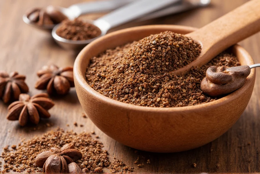 Close-up photograph of ground anise seed in a wooden spice bowl with measuring spoons and whole anise seeds nearby