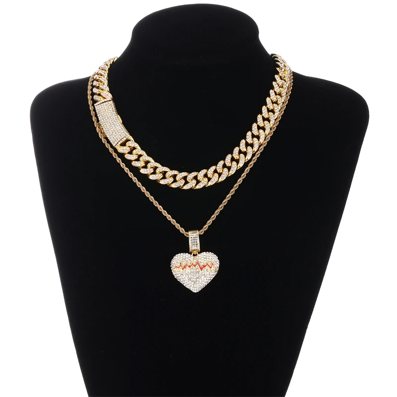 

Fashionable Style Popular Hip hop Fancy Fashion Full Drill Alloy Jewelry heart Pendant with Cuban Chain Necklace Set