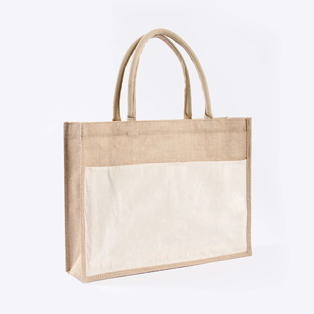 

hot sale large Stock blank accept custom logo front canvas pocket jute burlap bags tote shopping bag, Customized color