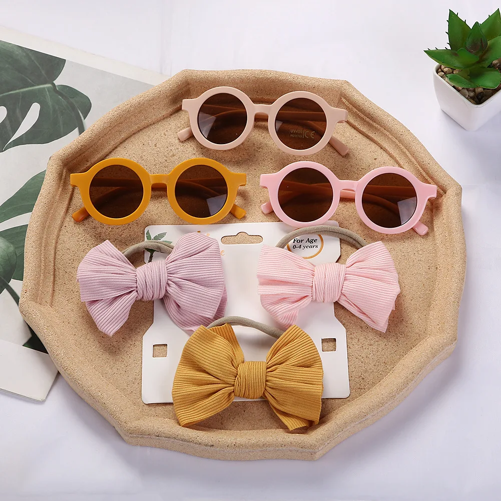 

Fashion kids bow knot headband and sunglasses set hot selling cotton hair band sunglasses for baby girls, Other