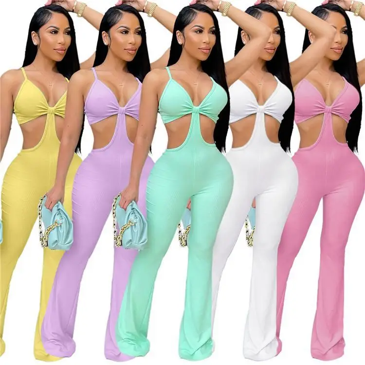 

MOEN New Arrival 2021 Sexy Sleeveless Suspender Stretchy Casual Women One Piece Bodycon Flare Jumpsuit