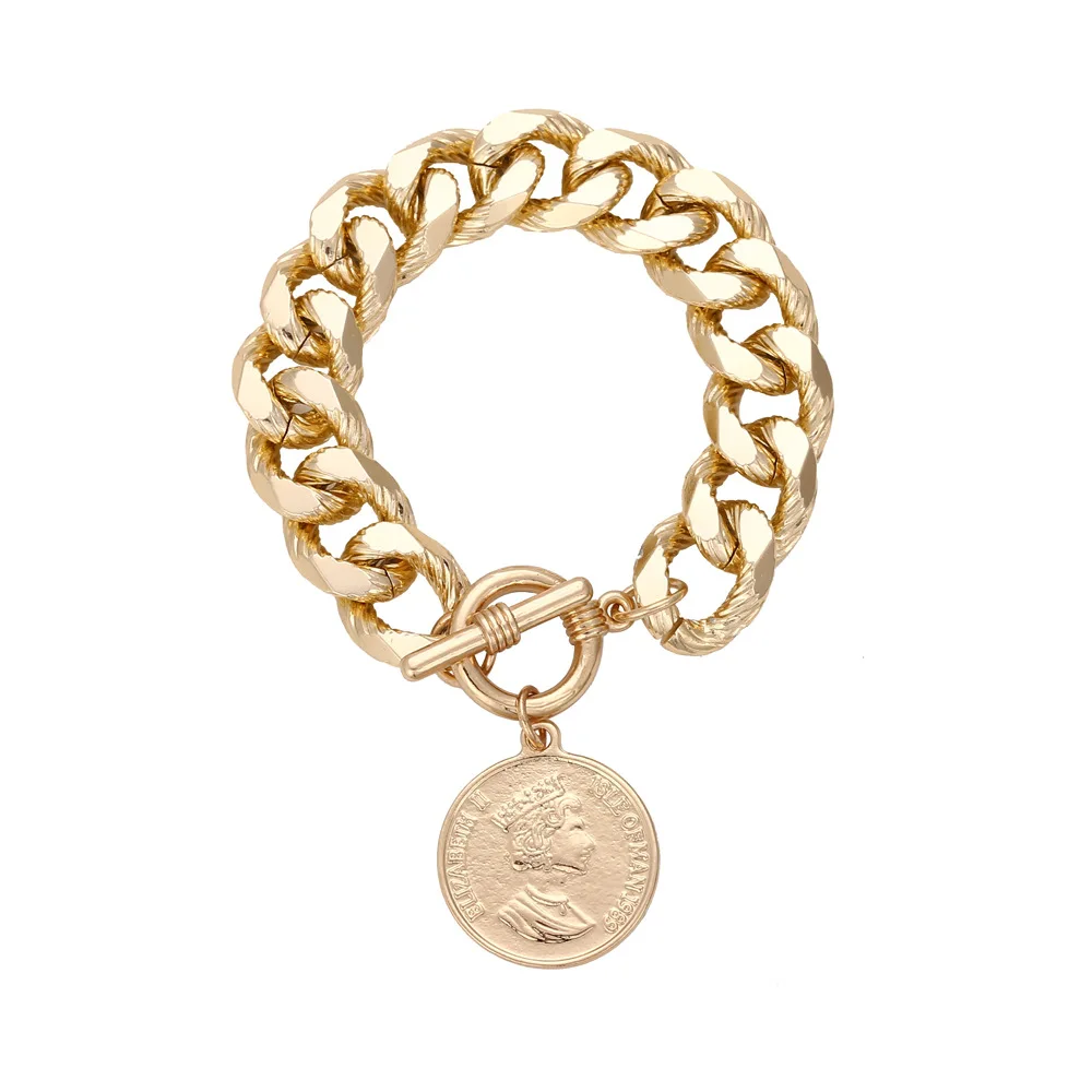 

Exaggerated Ins Thick Chain Coin Bracelet Female Retro Hip-Hop Character Avatar Bracelet 2021