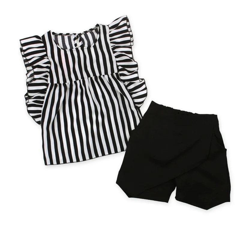 

Best Selling Summer Custom Wholesale Boutique Roupas Ruffled Sleeveless Stripe Soft Children Kids Girl's Clothing Sets