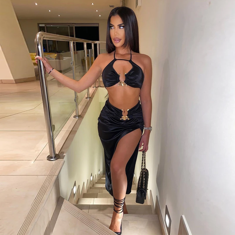 

2022 Summer Two Piece Set Women Solid sexy navel stitching lace-up top light cooked slit bag hip skirt fashion beachwear dresses