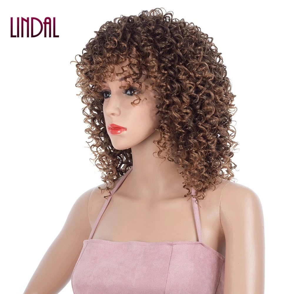 

LINDAL ombre brown color short length glueless wig kinky curly heat resistant fiber synthetic hair wigs