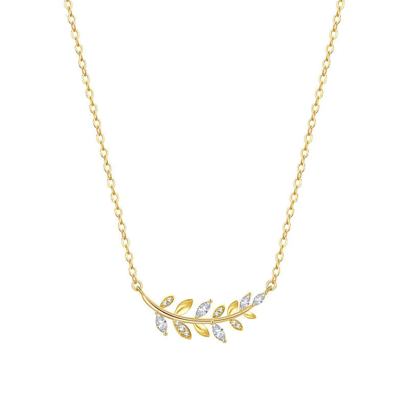 

Creative simple fashion zircon olive leaf accessories women pendant S925 Sterling silver clavicle chain necklace, Gold color