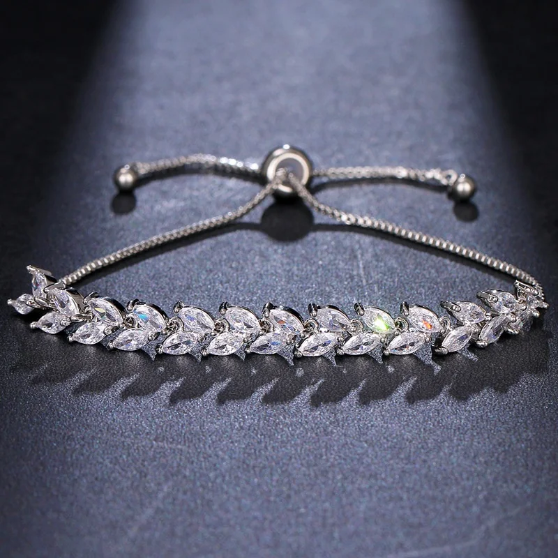 

Hot selling adjustable jewelry women minimalist cubic zirconia leaf wedding bridal luxury silver plated charm bangle bracelets