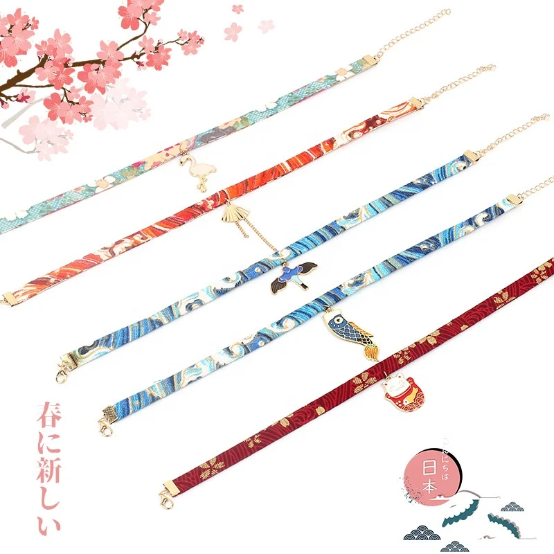 

Japanese Style Ribbon Rope Doll Choker Harajuku Romantic Women Girls Bird Cat Carp Pendant Short Necklace Choker Chain Jewelry, Picture