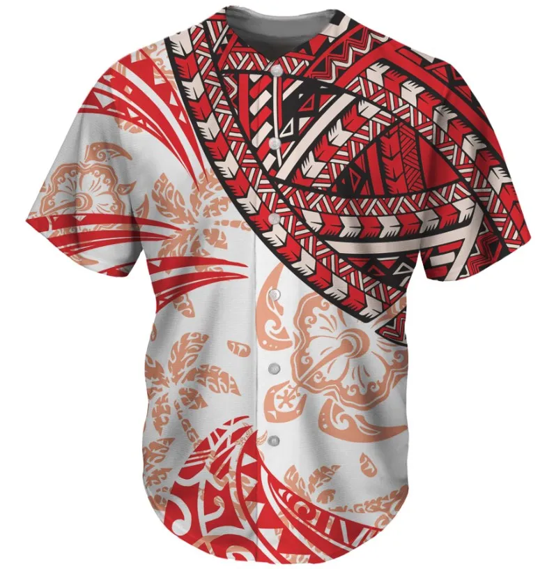 

Red Hawaii Style Patchwork Polynesian Tribal Design Sports Wear Blank Clothing Custom Button Jersey Shirt Fashion Men's T-Shirt, Customized color