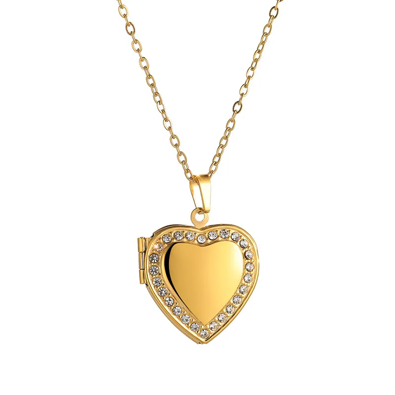 

Stainless Steel 18K Gold Plated Jewelry Open Heart Pictures Frame Box Memory Engraved Name Locket Photo Pendant Necklace