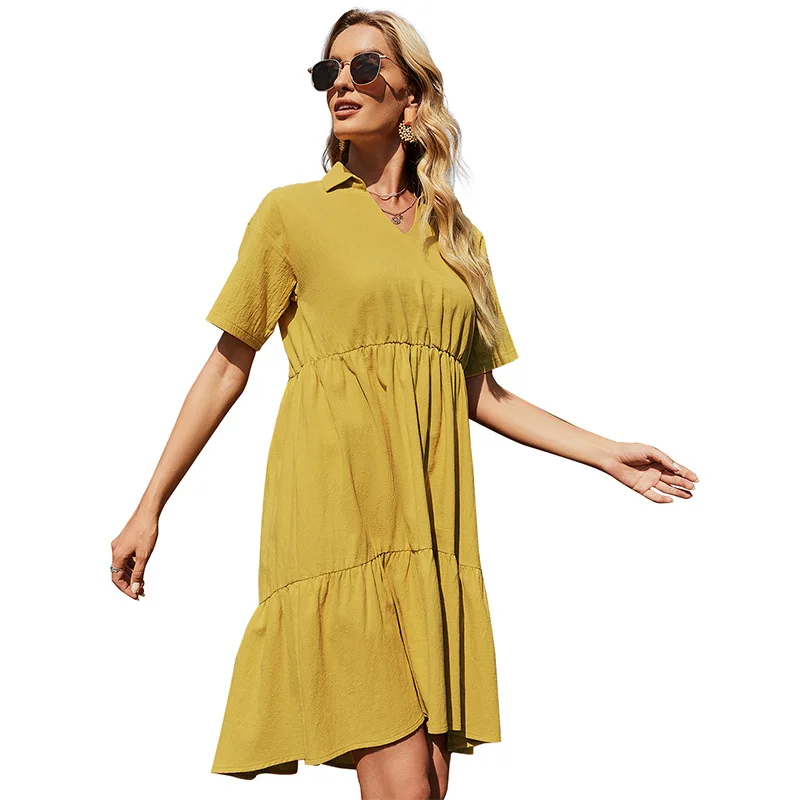 

2021 summer new products short-sleeved cotton linen yellow dress women