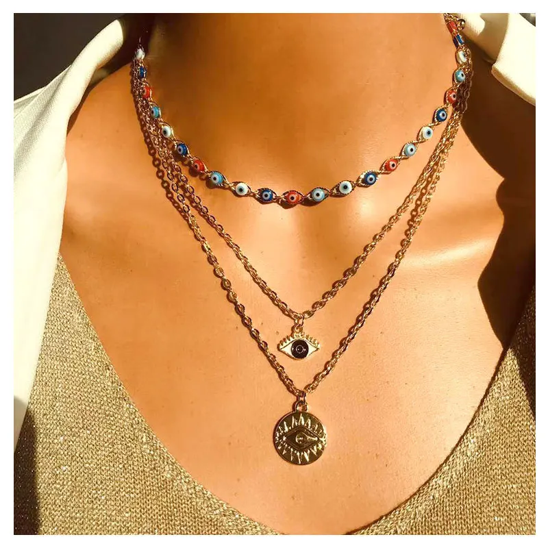 

Newest Multi Layer Big Metal Round Evil Eyes Pendent Necklace Punk Statement Colorful Devil Eyes Choker Necklace Set For Girls