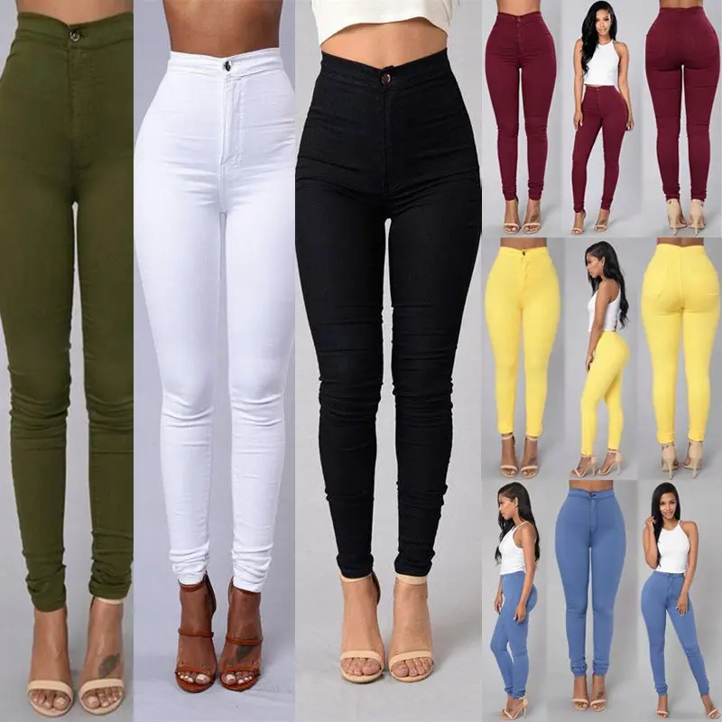 

Cheap High Waist Stretch Jeans For Women Streetwear Candy Color Pencil Pants Skinny Jeans, White, black, light blue, yellow, green, burgundy