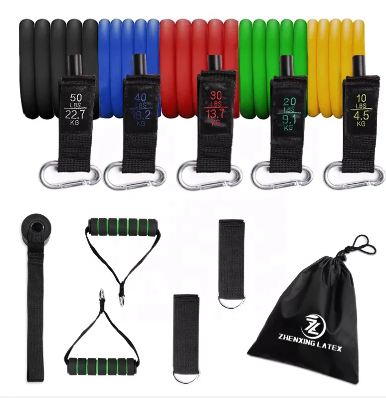 

private label bulk 11 pcs pull up adjustable elastic long exercise fitness gym bungee high quality resistance bands set, Red/green/yellow/blue/black