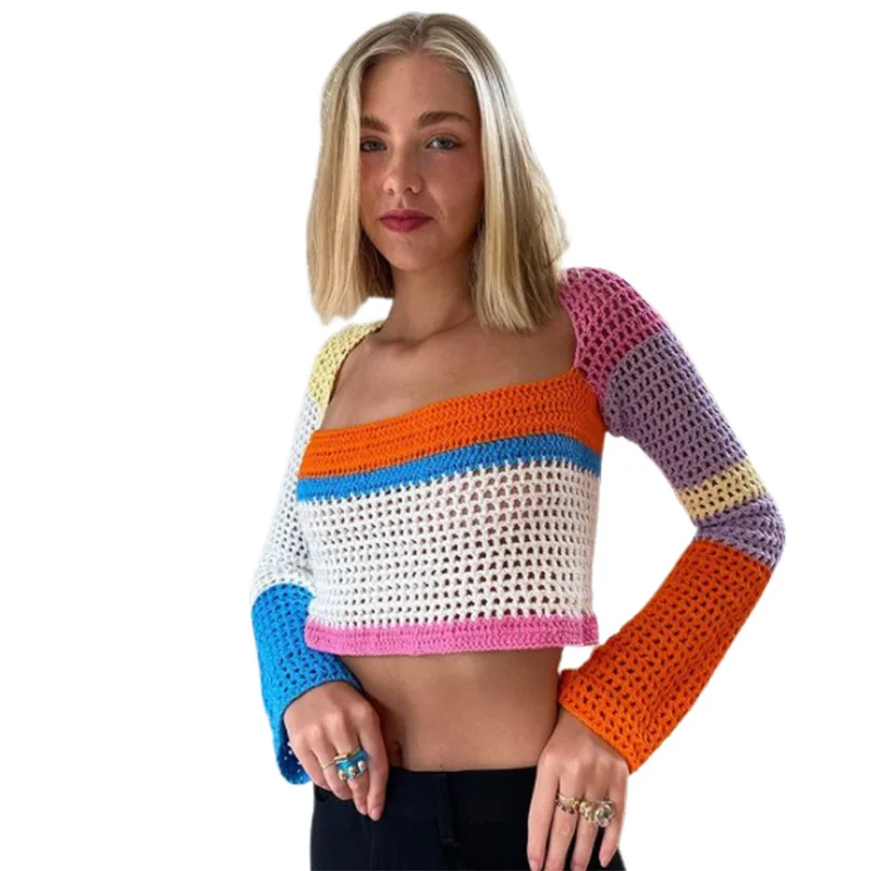 

Sexy women's short striped clothing 2021 new women's fashion knit sweater contrast color long-sleeved sweater women's outer wear, Green, orange