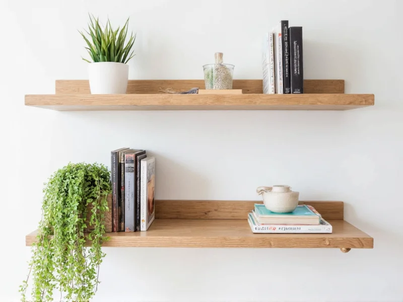 Finished floating shelf displaying books and plants
