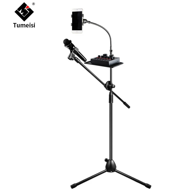 

Professional Phone Microphone Stand Cell Phone Holder With Mic Clip Soundcard Tray For Live broadcasting Recording, Black