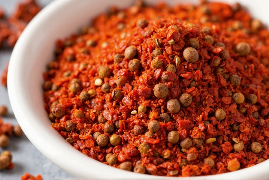 Close-up photograph of authentic Sichuan chili flakes showing vibrant red flakes mixed with small brown Sichuan peppercorn pieces on white ceramic dish