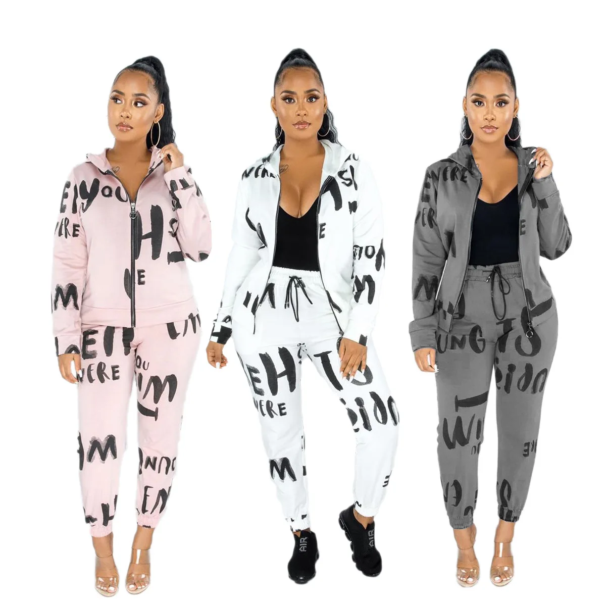 

Fall 2021 Winter Tracksuits Two Piece Set Women Letter Print Sport Casual Outfits Zip Long Sleeves Hoodie Sweatshirt Pants Suit, White, pink, gray