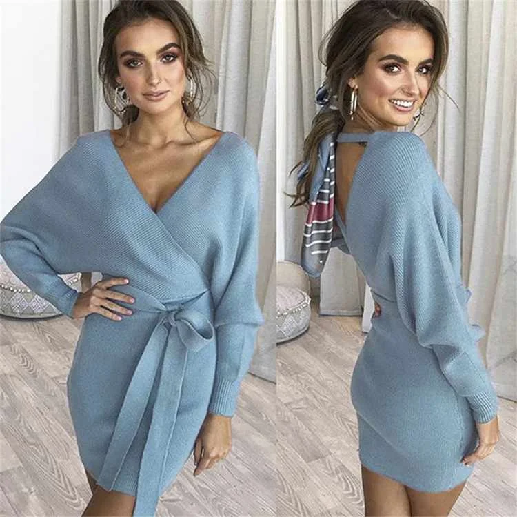 

club bandage knitted sweater dress long sleeve wrap ladies elegant deep V-neck ladies sexy tight dress sweater